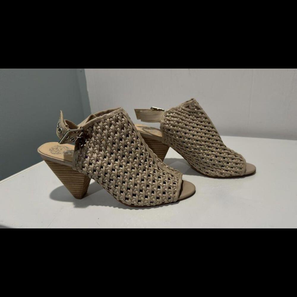 Vince Camuto Woven Open-Toe Slingback Heels in Beige